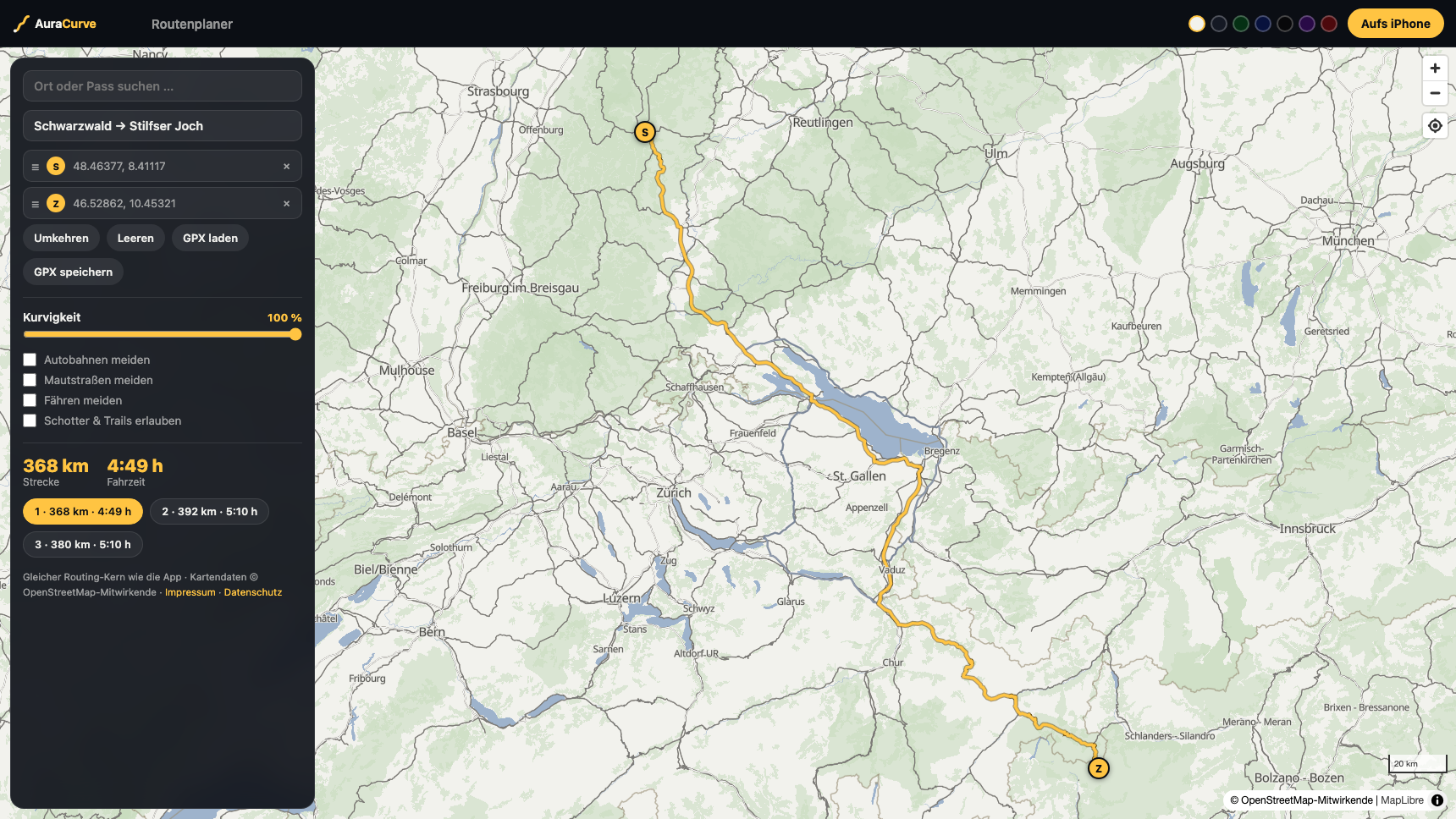 Der AuraCurve-Web-Planer mit einer goldenen Kurven-Route vom Schwarzwald über den Bodensee zum Stilfser Joch, 368 km, drei Routen-Alternativen