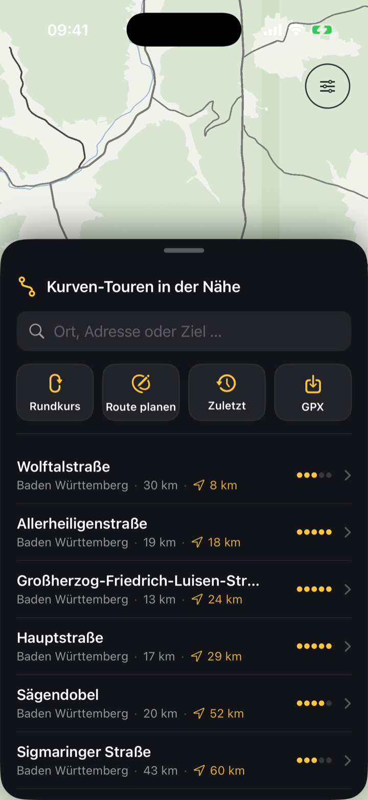 AuraCurve-Startseite: Kurven-Touren in der Nähe, Suche und Kacheln für Rundkurs, Route planen, Zuletzt und GPX